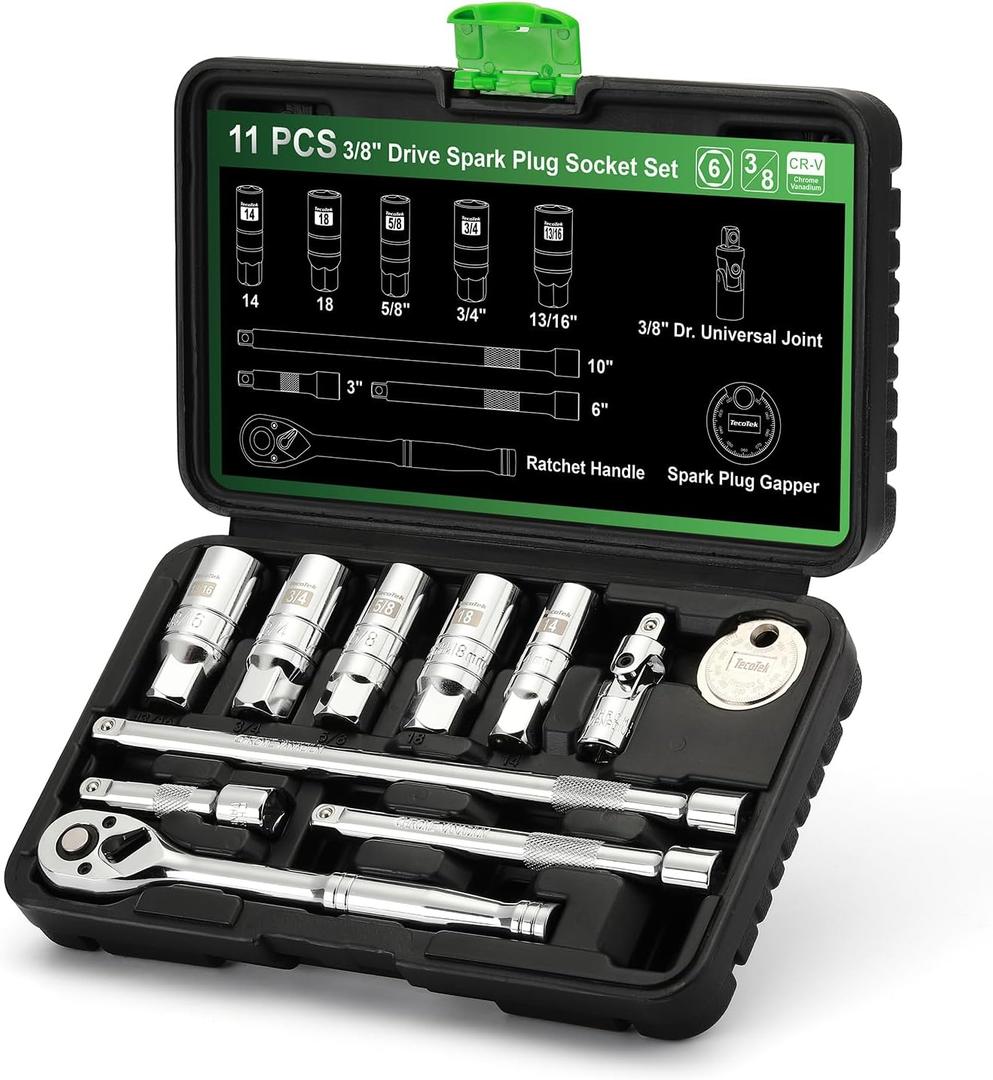 TecoTek 11-Piece Spark Plug Socket Set with 3/8" Drive Ratchet Handle, Spark Plug Gapper, Universal Joint and Extension Bar, 5/8", 3/4", 13/16", 14mm, 18mm, CR-V Sockets with Rubber Retaining Rings