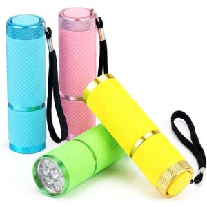 DAFURIET 4 Pack Mini Flashlights, 9 LED Glow-in-the-Dark Aluminum Lights with Straps Perfect for Camping, Hiking, and Emergency