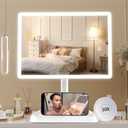 FUNTOUCH Large Makeup Vanity Mirror with Lights, Rechargeable Lighted Desk Makeup Mirror with 96 LED Lights and 10x Magnifying Mirror, 3 Color Lighting, Light up Make up Mirror with Phone Holder (11"lx7.8"w-white-l)
