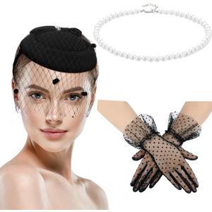 Geyoga 3 Pcs Fascinators Tea Party Hat Set Funeral Veil Hat Lace Gloves and Pearl Necklace Cocktail for Halloween 20s 50s (Black)