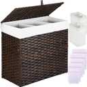 Greenstell Laundry Hamper with Lid, 125L Large Clothes Hamper with 3 Section & 2 Section Removable Liner Bags & 5 Mesh Laundry Bags, Handwoven Synthetic Rattan Divided Laundry Basket, Brown