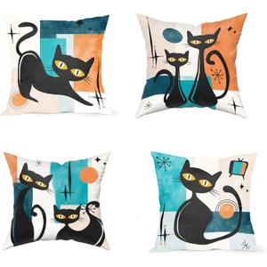 Black Cat Pillows Retro Atomic Cat Cushion Covers Mid Century Pillow Covers Halloween Throw Pillow Covers 20x20 for Modern Living Room Decor Set of 4