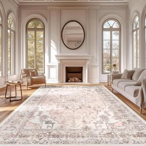 BESTSWEETIE 8x10 Area Rug Washable Rugs for Living Room, No Pile Boho Carpet for Entryway Bedroom Dinning Room, Vintage Carpet Print Distressed Non-Slip, 8 x 10 ft, Pink Beige Grey