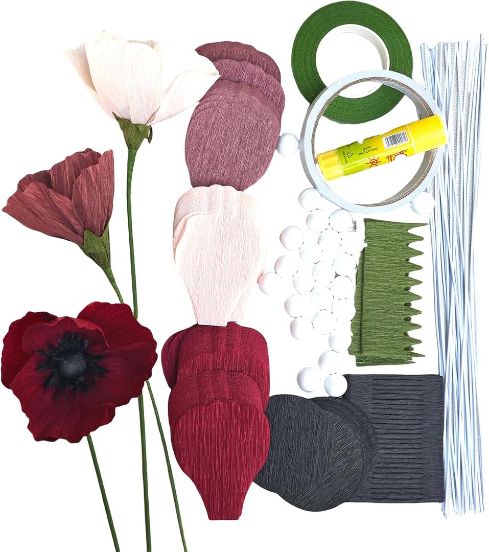 Crepe Paper Anemone DIY Flower for Home Decoration Table Centerpieces, Party Decor & DIY Craft Projects Making Kit 24 pcs (Pink - Burgundy - Dusty Pink)