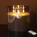 Eywamage 3 Wick Smoke Grey Glass Flameless LED Candle with Remote, Flickering Large Battery Pillar Candle Decor  6" H 6"