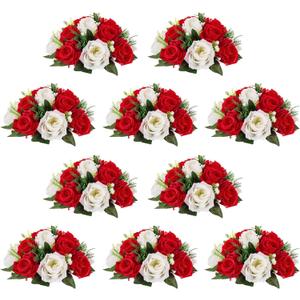 NUPTIO Pcs of 10 Fake Flower Ball Arrangement Bouquet,15 Heads Plastic Roses with Base, Suitable for Our Store's Wedding Centerpiece Flower Rack for Parties Valentine's Day Home Dcor (Red & White)