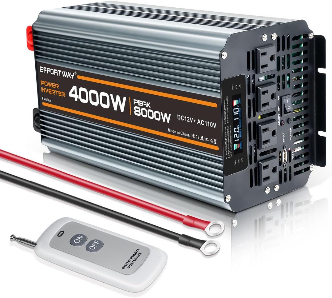 4000w Power Inverter DC 12V to AC 110V/120V Converter with 8000w Peak.Comes with LCD Display, Wireless Controller,4AC outlets 1USB.RV Inverter,Suitable for Camping,and Off-Grid Solar Inverter Systems