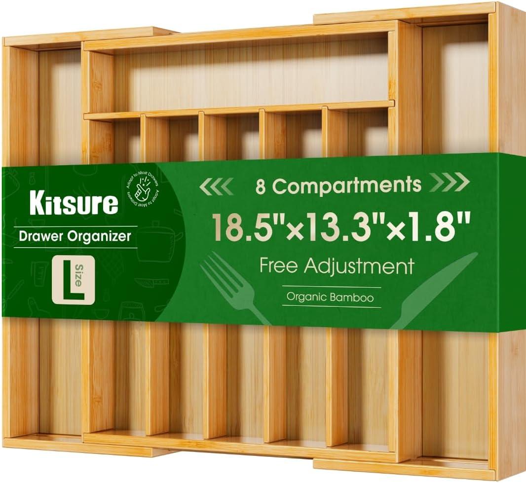 Kitsure Silverware Organizer - Expandable Bamboo Kitchen Drawer Organizer for Cooking Utensils and Cutlery, Sturdy & Thickened Kitchen Organizers and Storage Solution, Large, Natural