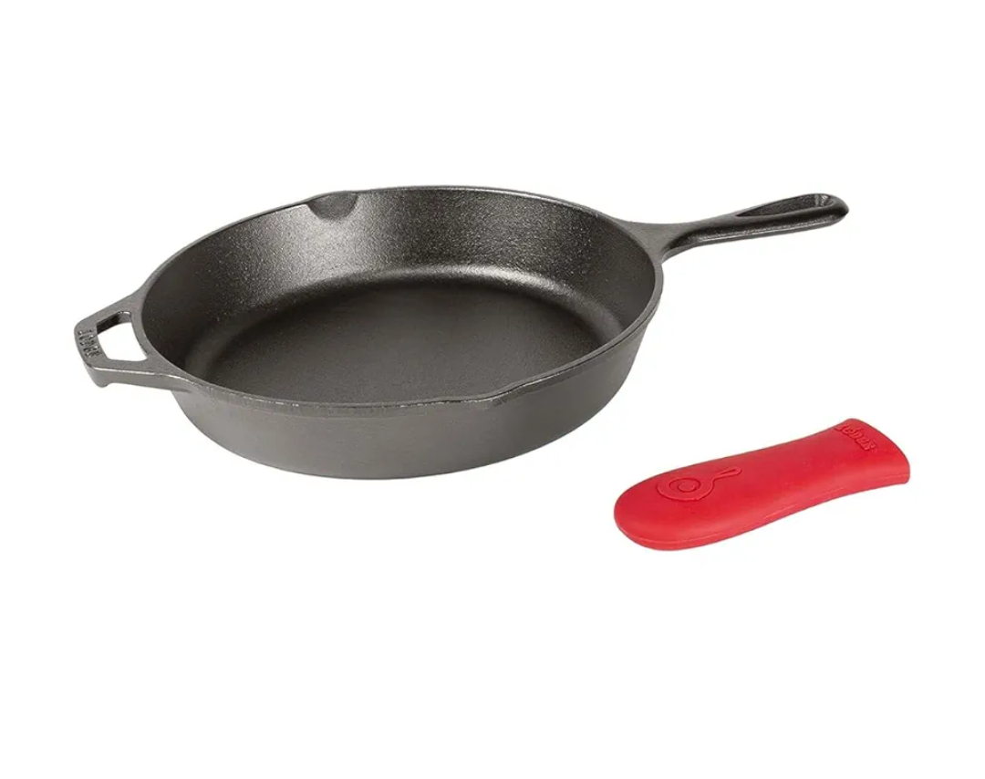 Lodge 12 Inch Cast Iron Skillet with Red Silicone Hot Handle Holder – Pre-Seasoned Frying Pan for Stove, Oven, Grill & Campfire – Made in the USA – Durable, Nonstick Cast Iron Cookware – Black