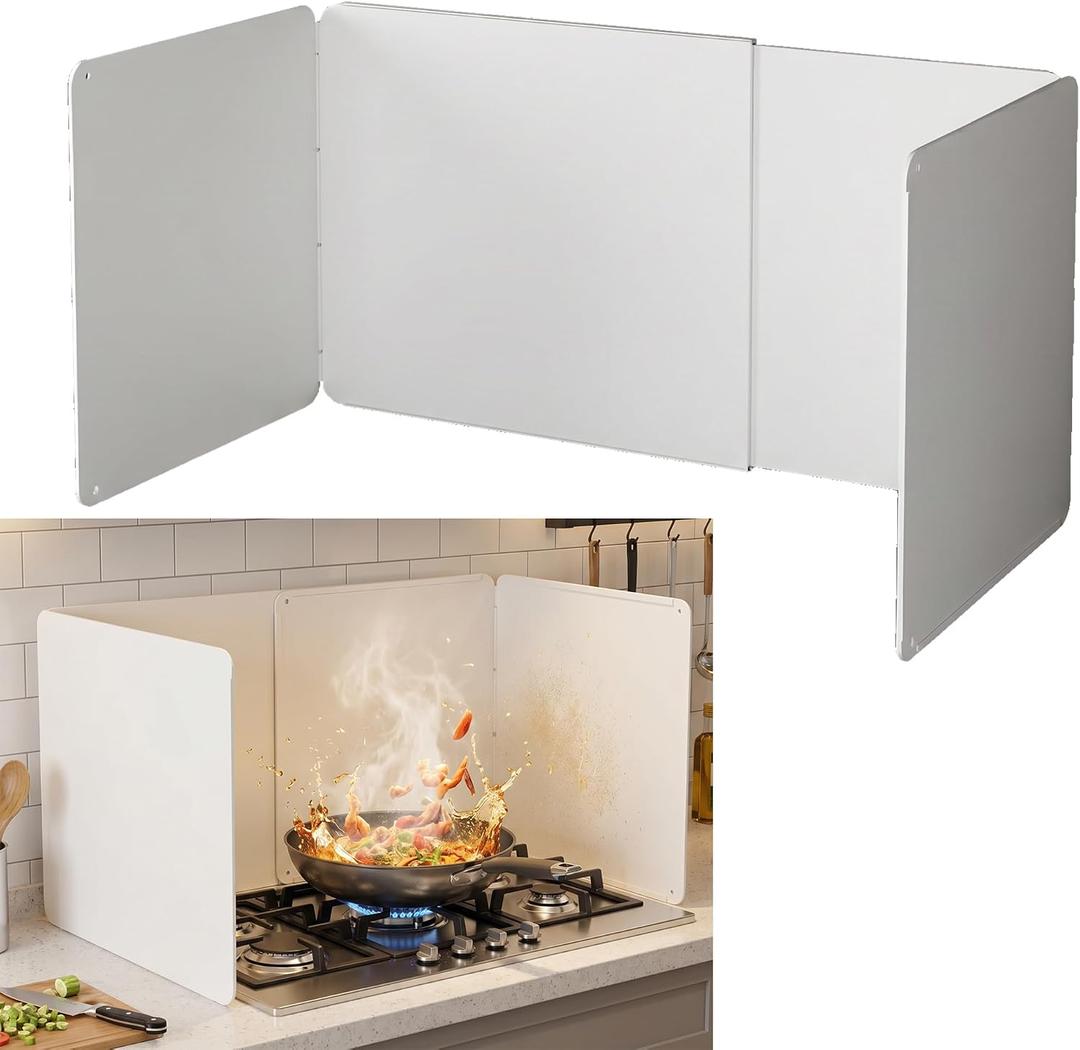 4 Sided Grease Splatter Guard for Stove, Adjustable Length
White, 15.7W x 15.7D x 17.7-33.5L in, Foldable, Nonstick, Easy To Clean, Carbon Steel Stove Splash Guard for Cooking