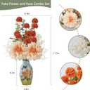 Fake Flowers with Small Hand-Painted Vase,17" Champagne Artificial Flowers Bouquet in Ceramic Vase,Silk Flower Eucalyptus Arrangements for Home Dining Living Room Office Coffee Table Decorations