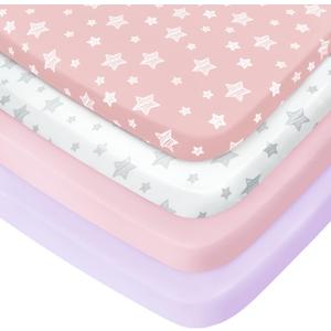Pack and Play Sheets Girl, 4 Pack Mini Crib Sheets, Stretchy Pack n Play Playard Fitted Sheet, Compatible with Graco Pack n Play, Soft and Breathable Material, Pink (39"X27")