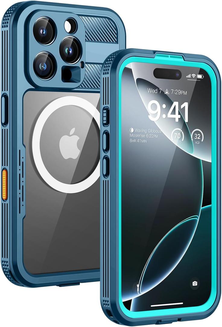 Lanhiem Magnetic for iPhone 16 Pro Max Case, IP68 Waterproof Dustproof Case, [Compatible with Magsafe] [Built-in Screen Protector] Full Body Heavy Duty Rugged Phone Cover 6.9 inch, Blue/Clear