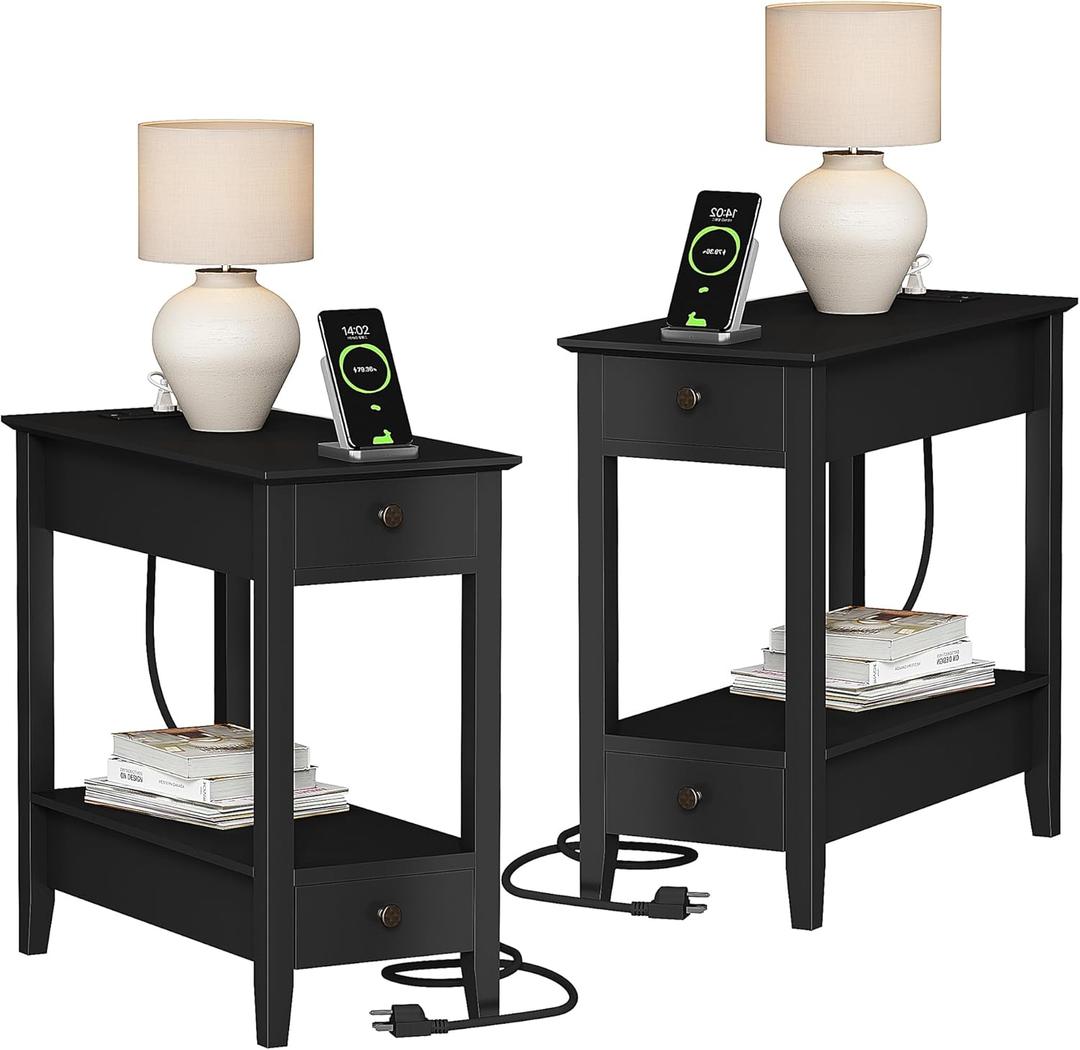 Treocho End Tables Living Room Set of 2, Narrow Side Table with Charging Station, White Sofa Bedside Table for Small Spaces, Living Room, Bedroom (Black)