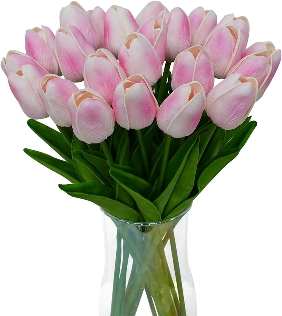 20pcs Pink Tulips Artificial Flowers 13 Inch PU Fake Flowers Fake Tulips for Mother's Day Easter in Home Kitchen Wedding Dining Table Decorations