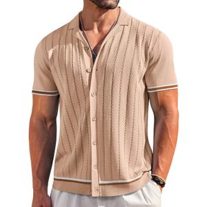 COOFANDY Men's Short Sleeve Knit Shirt Casual Button Down Shirt Vintage Striped Knitted Golf Beach Tops (Medium, Khaki)
