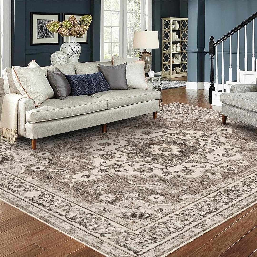 TOPRUUG Washable Oriental Area Rug - 8x10 Rugs for Living Room Soft Carpet for Bedroom Waterproof Floral Distressed Indoor Stain Resistant Non-Shedding Floor Carpets (Beige, 8x10)