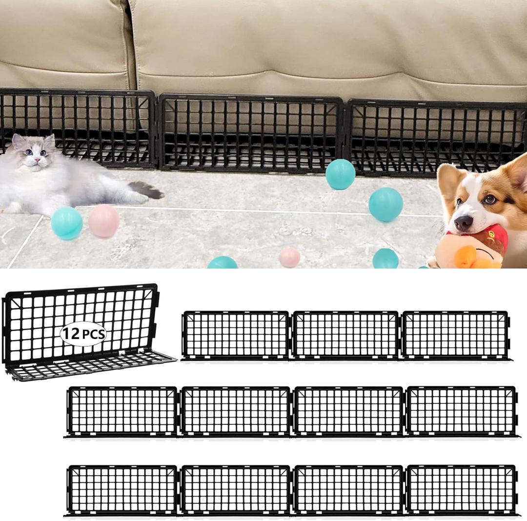 12 PCS Under Couch Blocker for Bed Furniture, Adjustable Plastic Under Bed Blocker for Dogs Pets Cats, Couch Blocker Stop Small Items Getting Under Bed (Black)
