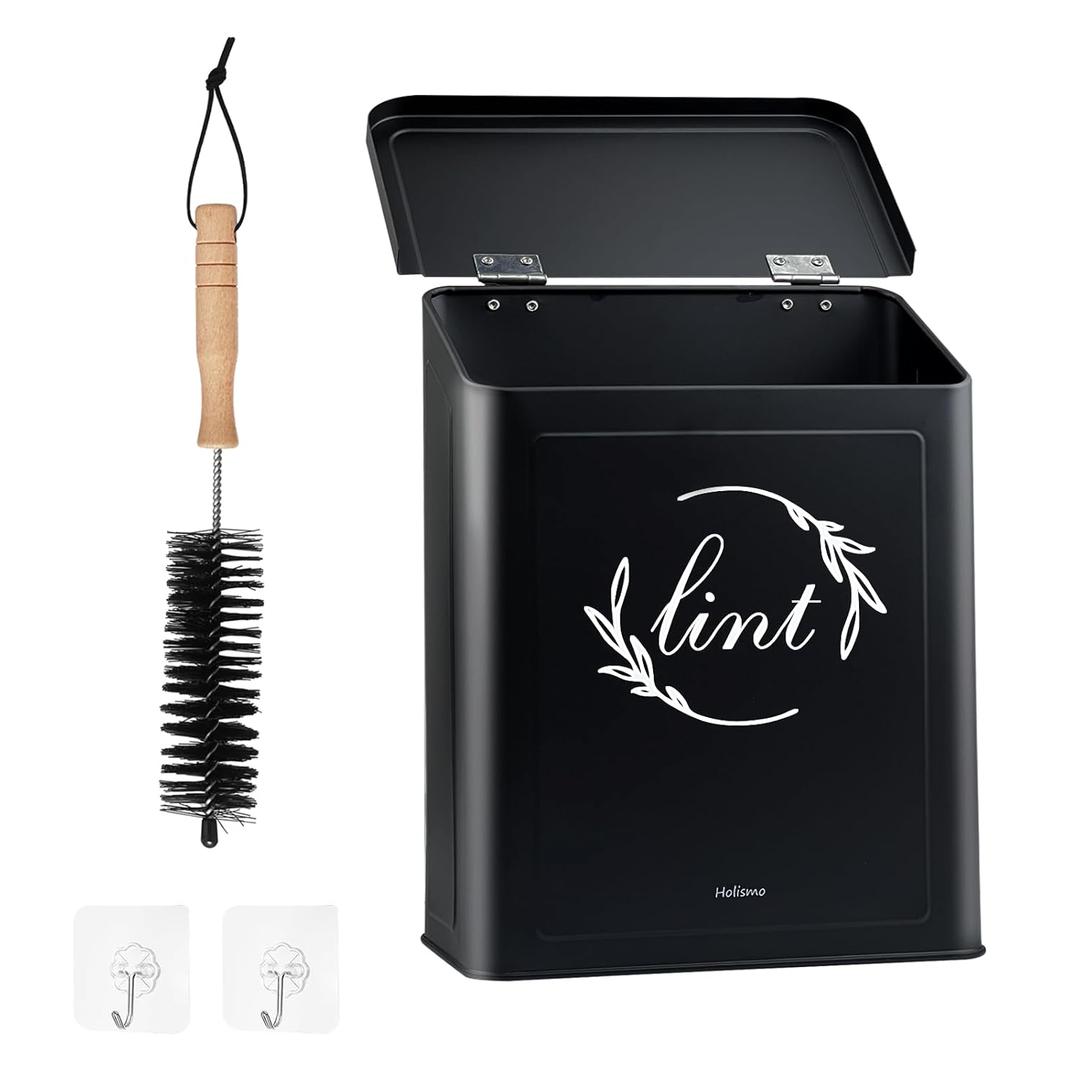 Magnetic Lint Bin for Laundry Room, Metal Lint Trash Can with Lid for Dryer, Wall Mounted Lint Holder Box with Lint Brush, Modern Farmhouse Laundry Room Decor, Black