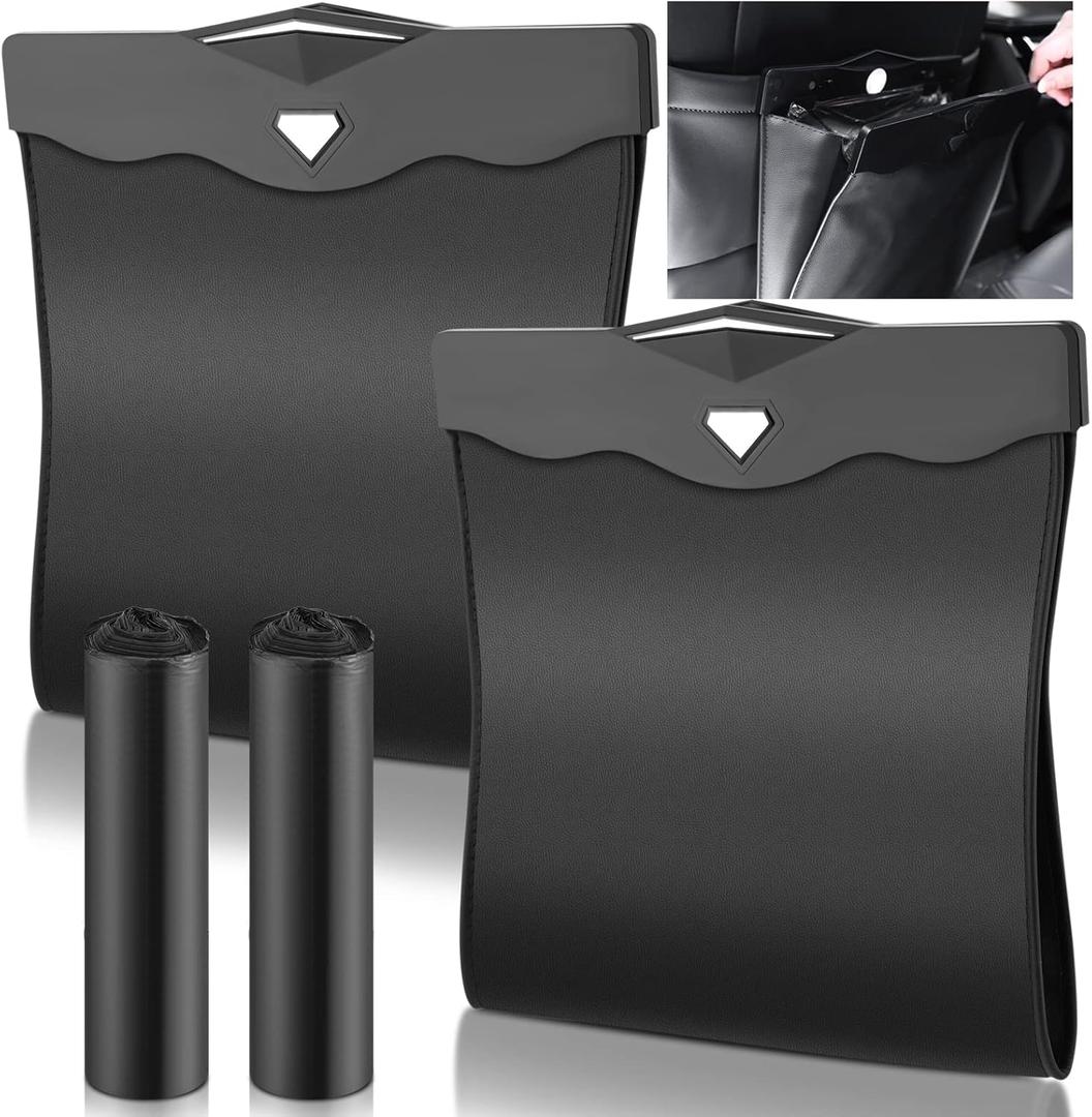 Fuutreo 2 Pcs Smart LED Car Trash Cans Waterproof Garbage Bags with 30pcs Disposable Trash Bags Hanging Leather Magnet Car Storage Pocket Vehicle Rubbish Bin Garbage Cans(11.8 x 11.4'',Black)