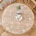 LIBERECOO Round Fitted Tablecloth with Elastic, Flannel Backed Vinyl Tablecloths for 40" - 44" Tables, Waterproof Wipeable Reusable Plastic Tablecloth for Indoor & Outdoor, Boho Sunburst Medallion