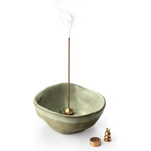 Incense Holder with 3 Incense Sockets, 4 In 1 Incense Burner Holder 4.25 Inch Incense Holder for Sticks, Ceramic Incense Stick Holder for Palo Santo, Cone Incense, Meditation, Yoga, Sage Green