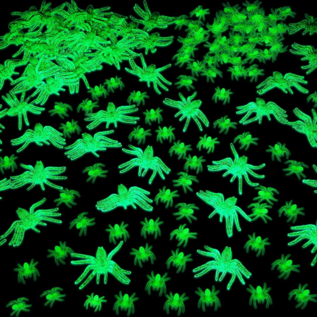 150 Pieces Glow in The Dark Large Spiders 3.15" and 1.3" Fake Plastic Spider for Indoor Outdoor Halloween Decorations Prank Toys Bulk for Yard Lawn Bag Stuffers