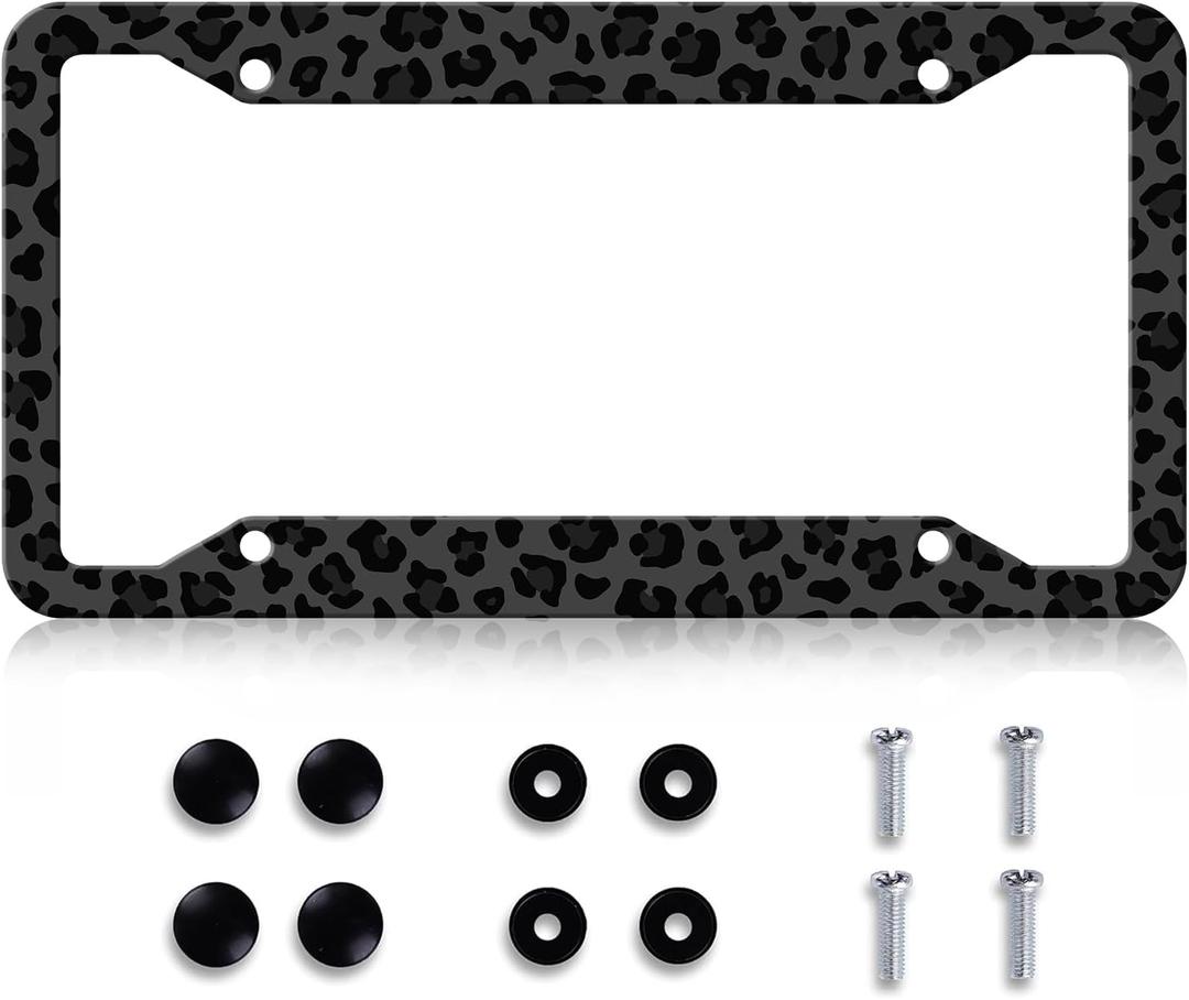 LIN KANG Black Leopard Cheetah Print License Plate Frame Funny Animal Print License Plates Holder Stainless Steel Auto Parts Rust-Proof Waterproof Car Decorative Tag Frame for Standard US 12x6 Inch