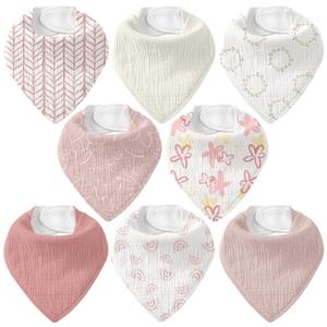 Muslin Baby Bibs 8 Pack, Baby Bandana Drool Bib for Drooling and Teething, Cotton Soft Absorbent for Girls Boys Spring Impression (Pink Floral)