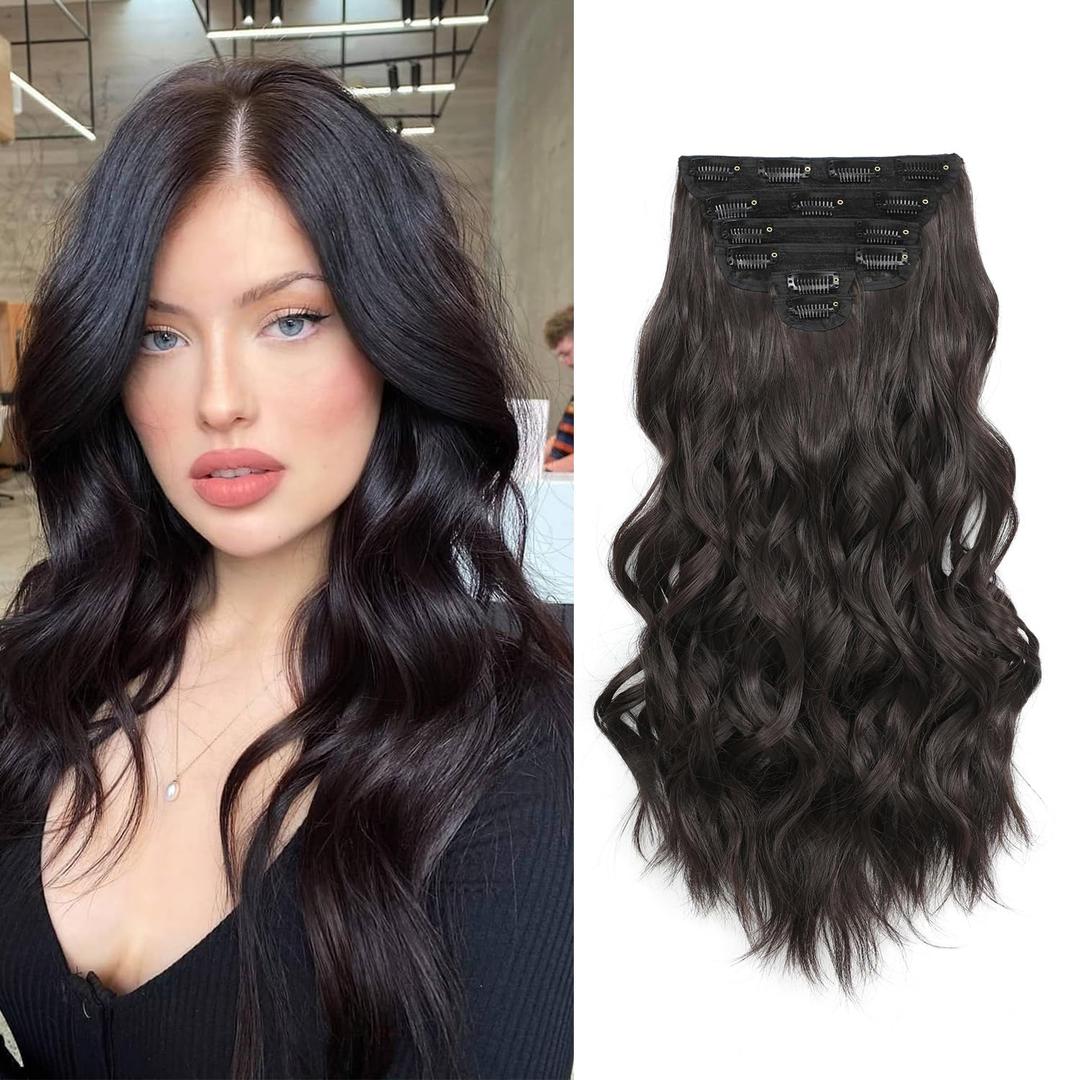 Clip in Hair Extensions, 6 PCS 1 6 Inch Hair Extensions Clip Ins, Dark Brown Long Wavy Hairpieces(16inch, 6pcs, Dark Brown)