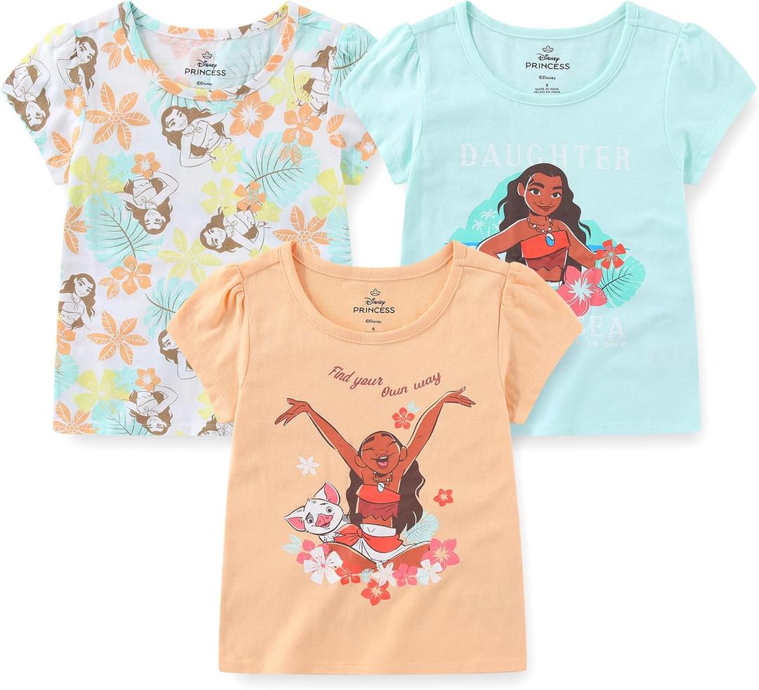 Disney Moana Girls 3 Pack Short Sleeve T-Shirt for Toddlers and Big Kids (5, Green/Orange/White)