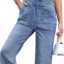 luvamia Jean Overalls for Women Straight Wide Leg Baggy Stretchy Denim Bib Adjustable Strap Casual Jumpsuit Loose Fit (Blue, L)