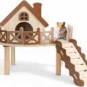 Wooden Hamster Platform, Natural Wood Small Animal Cage Platform with Ramp and Ladder for Hamsters Gerbils Mice, Hideout for Climbing Enrichment, Syrian Dwarf Hamster Castle Cage Accessories (Large)