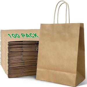 LAMJAMANER Medium Kraft Paper Bags with Handles, Brown Paper Gift Bags, 7.87x4.3x10.6 Inch, 100Pcs, Any Occasion, Wedding, Birthday, Baby Shower