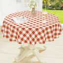 misaya Round Waterproof Vinyl Table Cloth, Buffalo Flannel Backed Tablecloth, Wipeable Plastic Table Cover for Dinner, Kitchen, Picnic, (60", Rust and White)