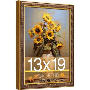 13x19 Picture Frame, HD Real Glass 13x19 Vintage Photo Frame, 13 by 19 Poster Frame with Vintage Gold Border Horizontal & Vertical Display for Tabletop or Wall Decor (1 Pack)