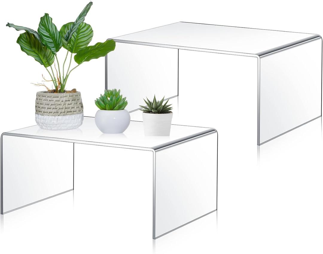 RattanView 2 Pcs 13 Inch Large Acrylic Risers Display Stands 5 mm Thick Acrylic Shelf Riser Showcase for Collectibles Jewelry Cupcakes Food Figures Perfume Cabinet(Clear)