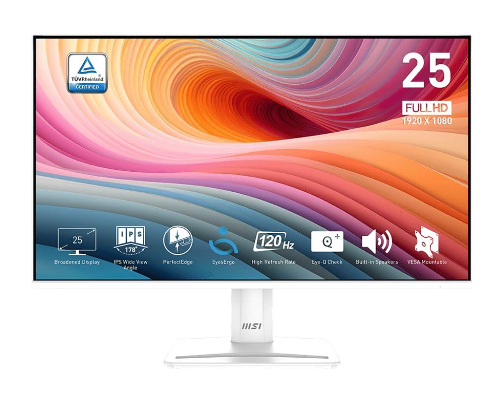 MSI PRO MP251W E2 24.5-inch IPS 1920 x 1080 (FHD) Gaming Office Monitor, 120Hz, Adaptive-Synch, HDR Ready, HDMI, VGA Port, Display Port,VESA Mountable, Tilt, Speaker, 4-Side Slim Bezel,1ms, White MSI PRO MP251W E2 24.5-inch IPS 1920 x 1080 (FHD) Gaming Office Monitor, 120Hz, Adaptive-Synch, HDR Ready, HDMI, VGA Port, Display Port,VESA Mountable, Tilt, Speaker, 4-Side Slim Bezel,1ms, White