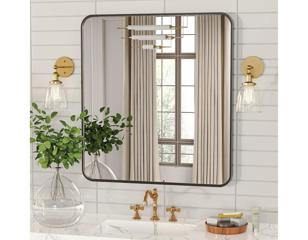 24x24 Black Rectangle Bathroom Mirrors for Over Sink, Bathroom Vanity Mirror for Wall, Black Metal Frame Rectangular Mirror for Restroom Powder Room Toilet, Shatterproof, Tempered Glass