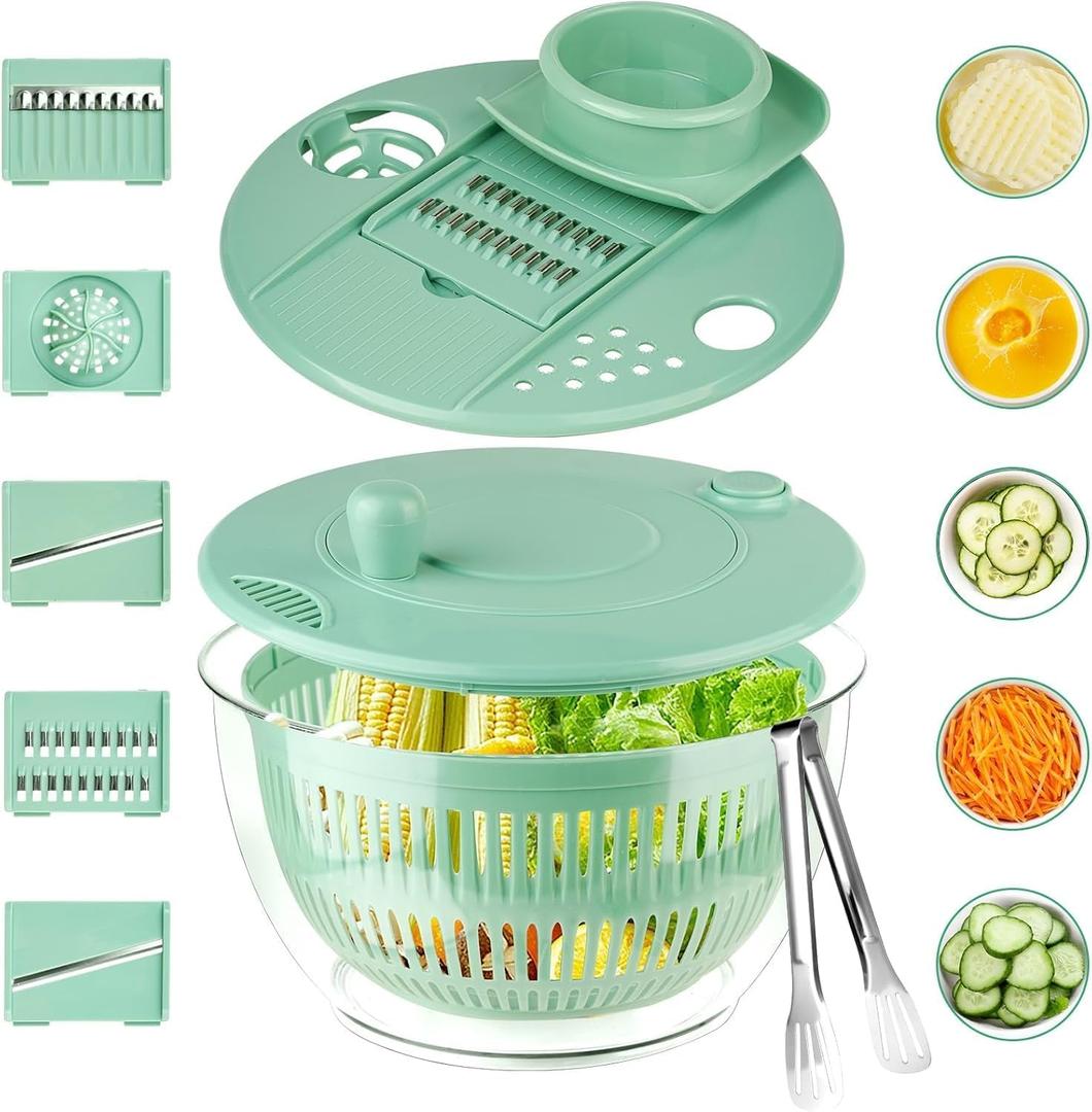 YUANYE Salad Spinner Large, 3 IN 1 Vegetable and Fruit Washing Bowl with Strainer, Lettuce Spinner with 5 Blades Slicer, Egg Yolk Strainer, Bowl for Efficient Salad Preparation, 5.3 QtGreen