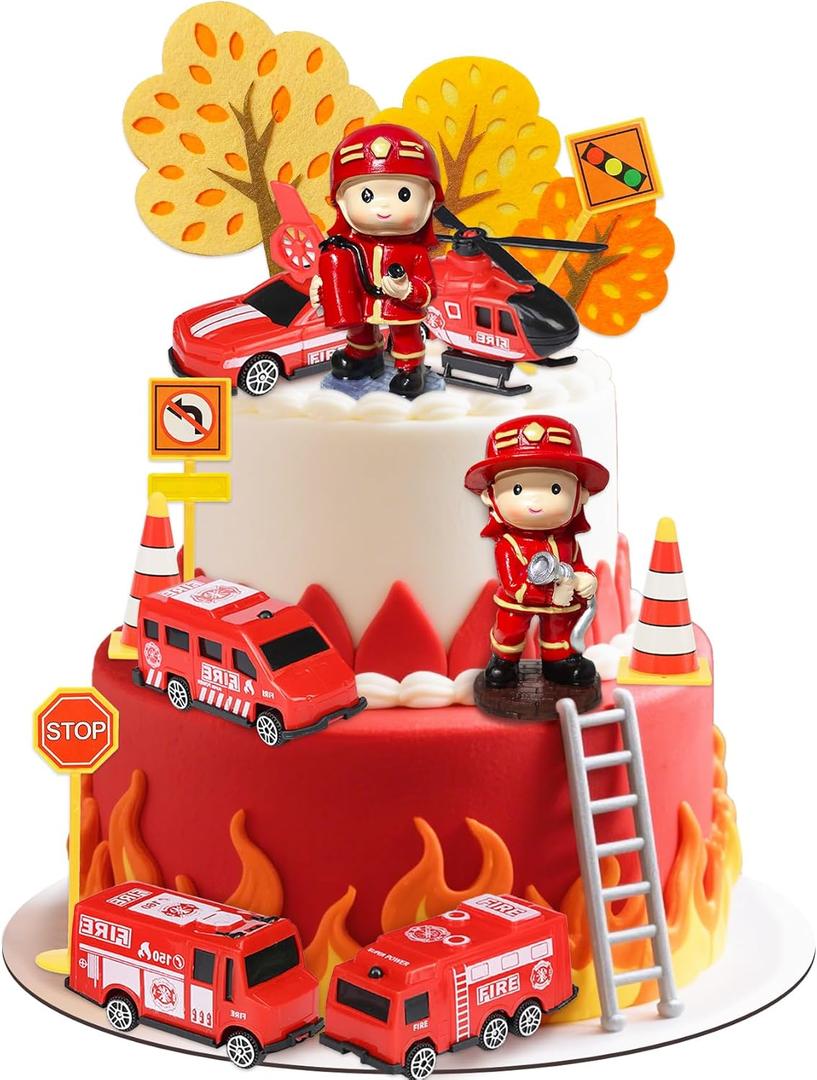 Knana 15Pcs Fire Truck Cake Toppers Fire Truck Birthday Decorations for Firefighter Birthday Party Favors