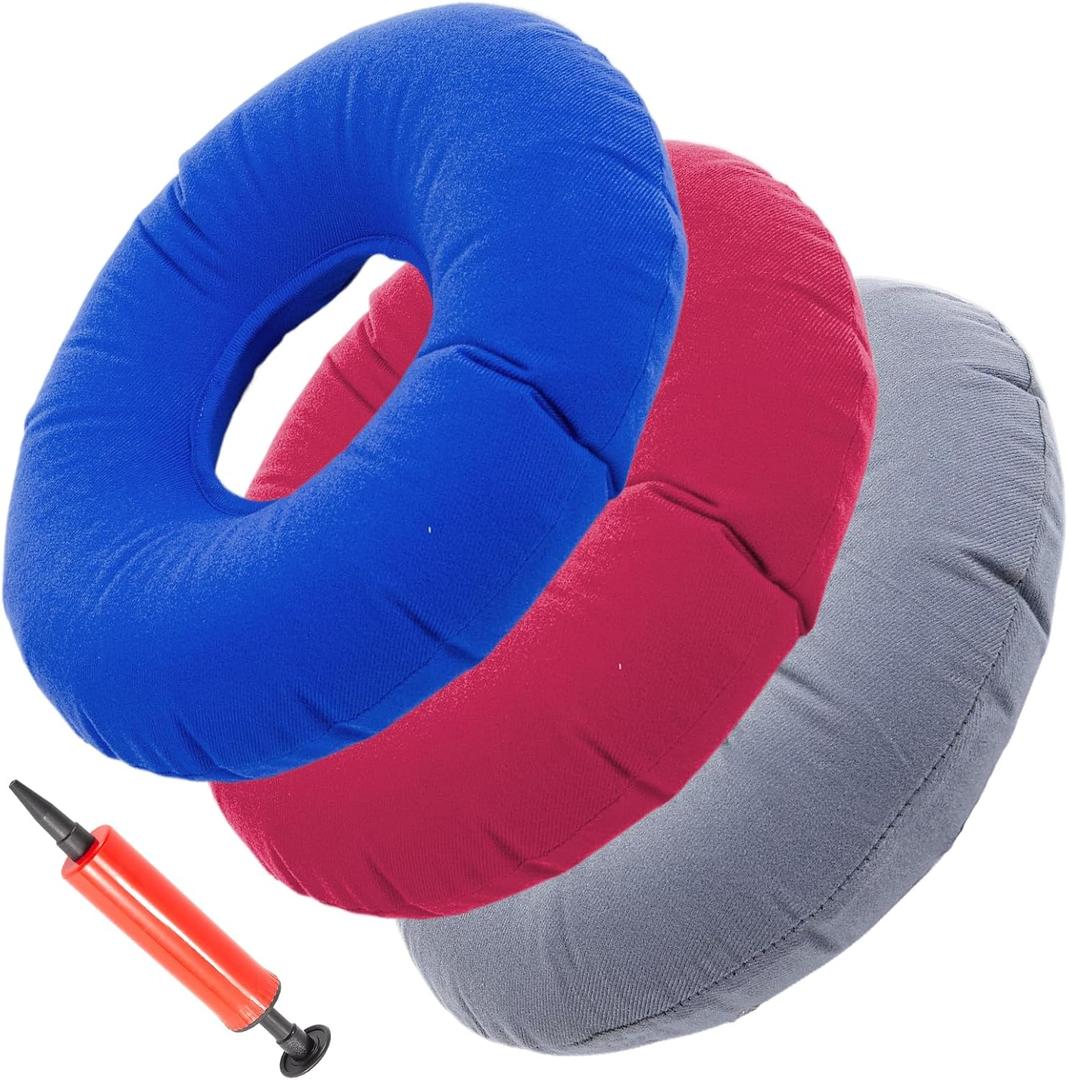 JDVBDNK 3 Pack Inflatable Donut Pillow, Portable Hemorrhoid Pillow, Butt Pillows for Sitting Tailbone, Seat Donut Cushions for Pressure Relief for Home, Office or Car (Blue-Black, red, Gray)
