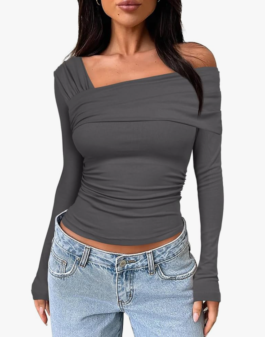 Darong Women's One Off Shoulder Long Sleeve Tops Ruched Going Out Crop Shirts Slim Fit Y2K Tee Blouse, XL