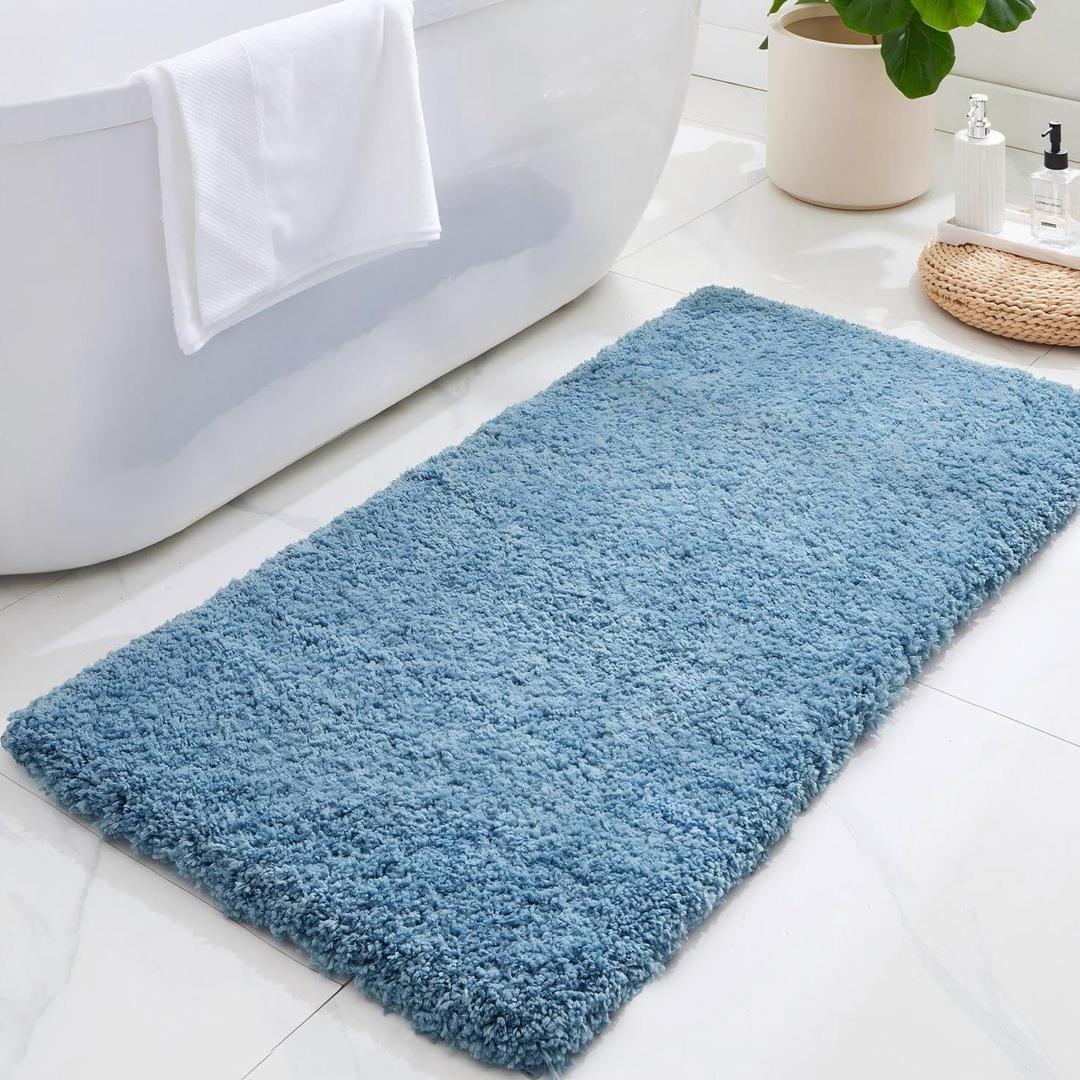 ILANGO Blue Bathroom Rugs 60" 24" Non Slip & Super Absorbent Extra Thick Soft, Washable Bath Carpet Runner for Floor, Microfiber Plush Shaggy Bath Mats with Rubber for Bedroom Bathtub Shower Room, 2' X 4'11"