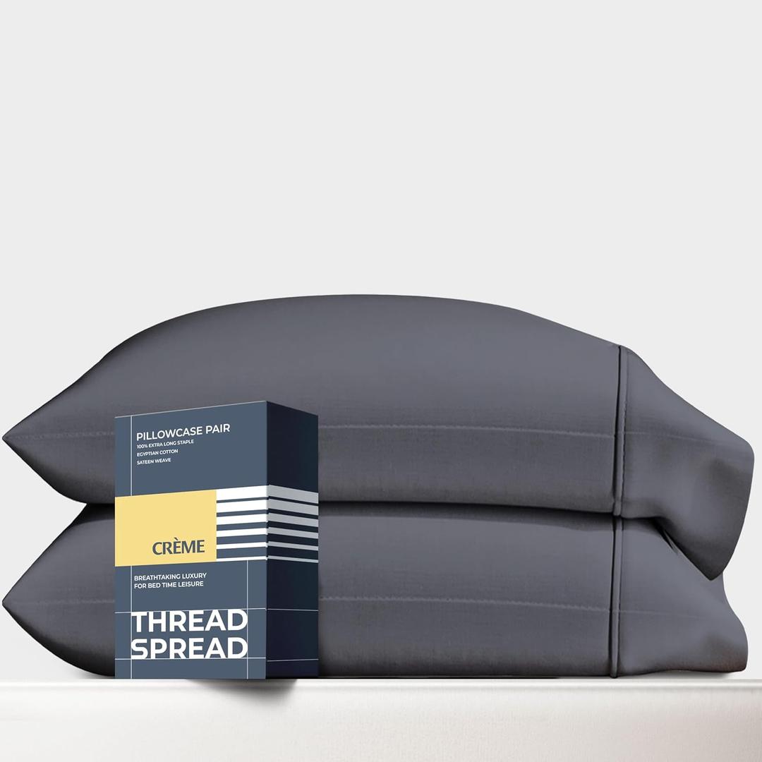 THREAD SPREAD 100% Egyptian Cotton Pillow Cases Queen Size Set of 2 - Luxury 1500 Series Queen Pillow Cases (Dark Grey), Soft Cooling Envelope Closure Hotel Quality Egyptian Cotton Pillowcases