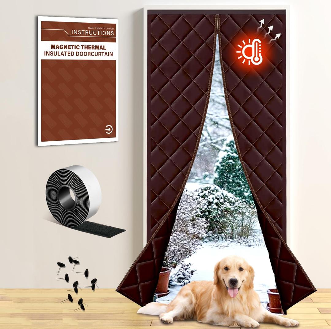 Insulated Magnetic Door Curtain for Winter, Thermal Door Cover with Triple-Layer Oxford Fabric, Windproof Cold Draft Blocker, Energy Saving Waterproof Curtain for Indoor Outdoor (Fit Door 36*82 Screen:39*84, Coffee)