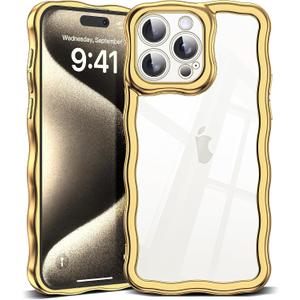 SKYLMW Compatible with iPhone 15 Pro Max Case, Kawaii Cute Curly Wave Frame Luxury Plating Edge, Stylish Glossy Clear Back, Soft TPU Shockproof Protective Cases for iPhone 15 Pro Max, Gold