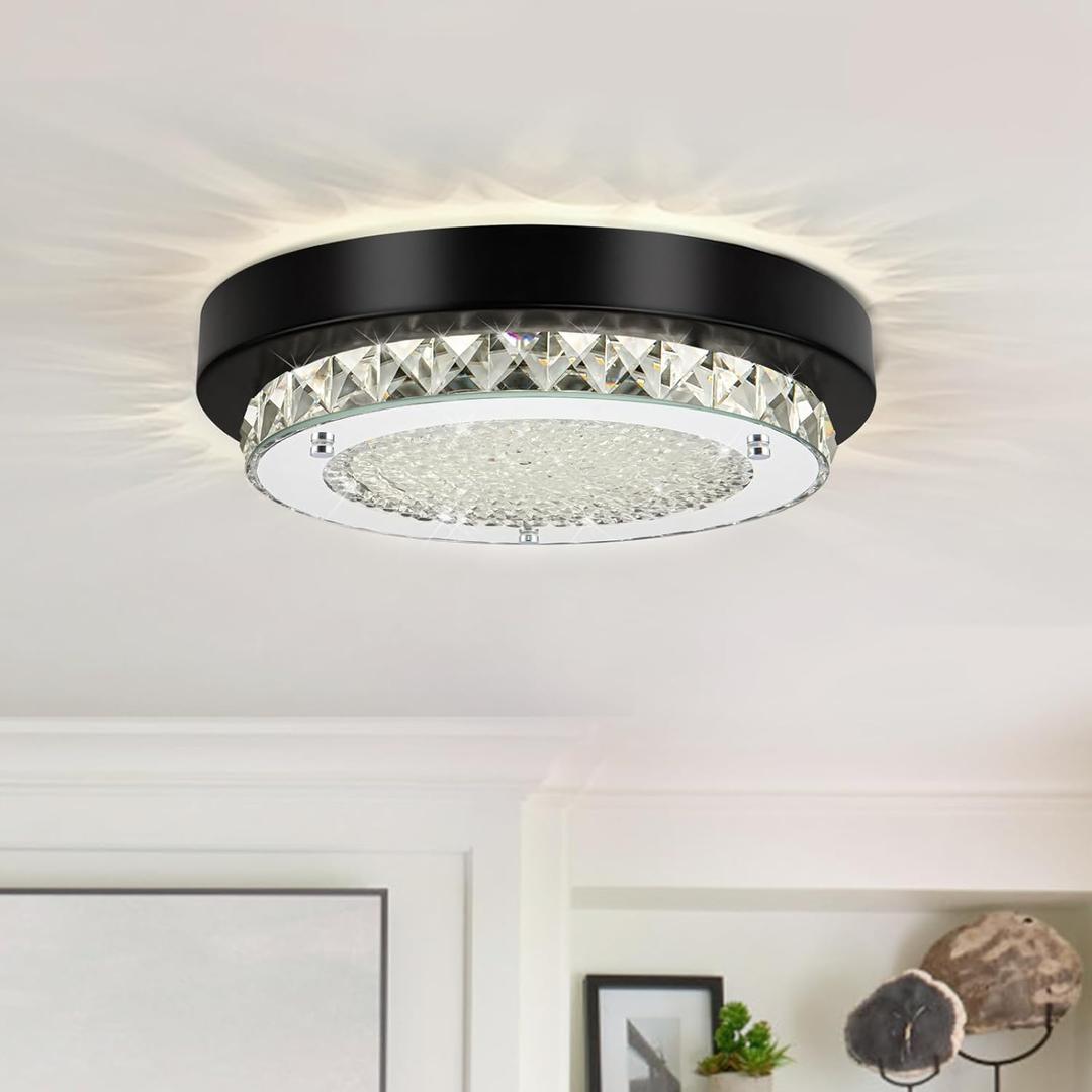 Crystal Flush Mount Ceiling Light Small LED Ceiling Light 10 Inch Round Hallway Lighting Black Modern Bathroom Light Fixtures for Entryway Laundry Room Foyer Mini Closet Ceiling Light