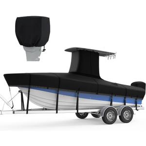 RVMasking Upgraded 1200D T-Top Boat Cover 100% Waterproof Heavy Duty Tear-Resistant Polyester with Motor Cover for Center Console Boat with T TOP Roof, 24'-26' Long Beam Width up to 112", Black