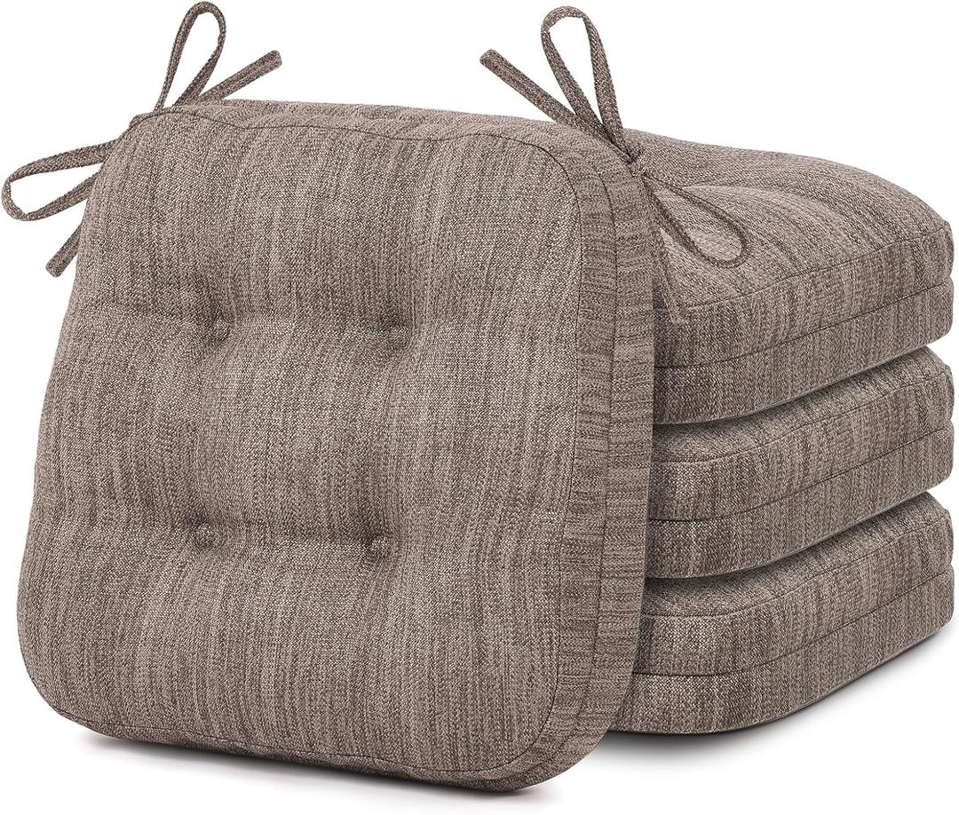 Shinnwa Kitchen Chair Cushions Set of 4, Dual-Layer Memory Foam Dining Chair Cushions, Patented Design Seat Pads with Ties, 16.5 x 16.5 x 3.5 In, 4 Pack, Light Brown